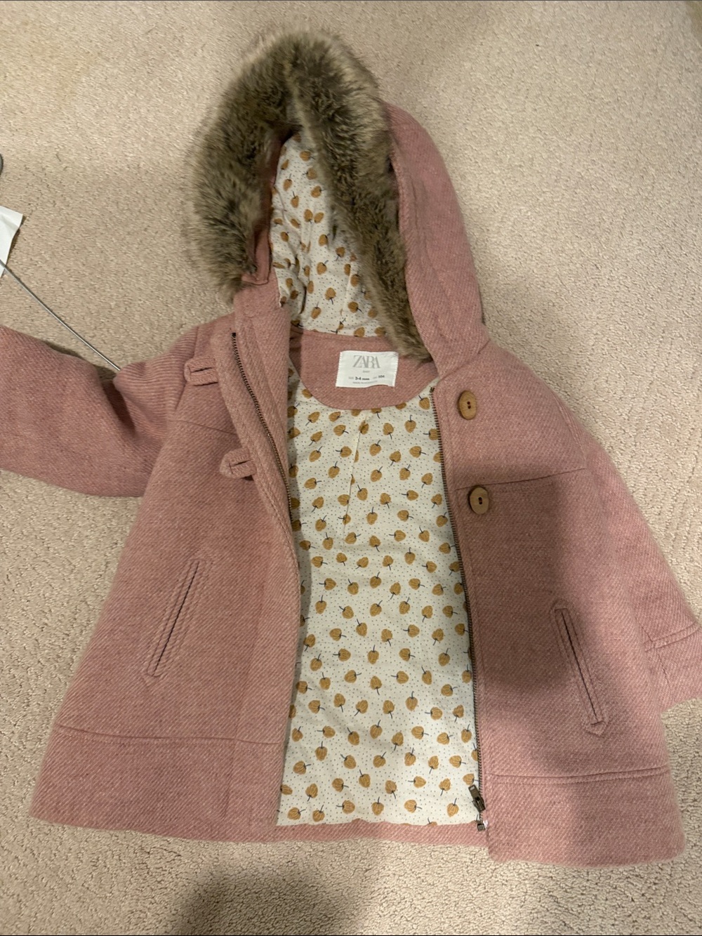 Zara Girls Dusty Rose Hooded Pea Coat with Faux Fur Trim